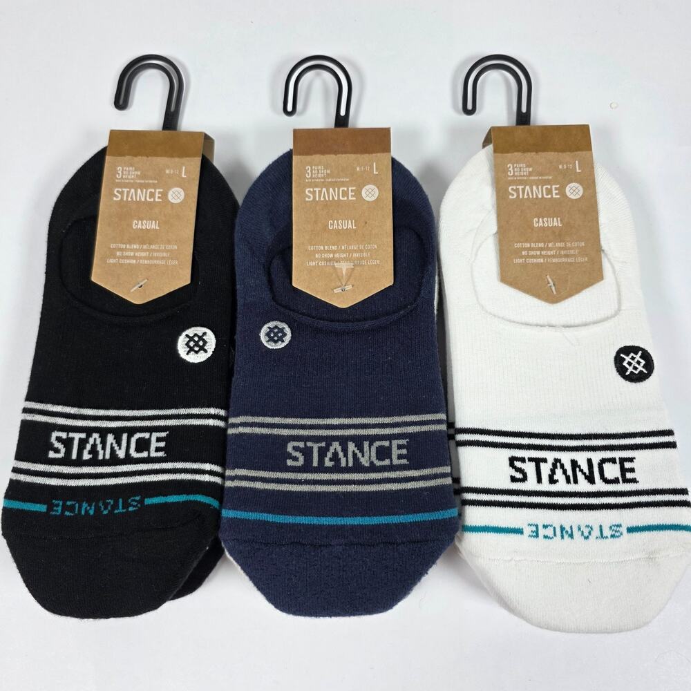 3pk Stance Casual Basic No Show Cotton Blend Socks BLACK GRAY WHITE BLUE L 9-12